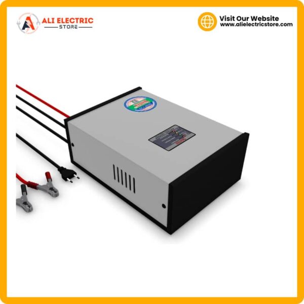 Simtek 12V 20A battery charger side view — automatic lead-acid battery charger