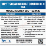 Simtek DC King 70A MPPT Solar Charge Controller Technical Specifications Chart