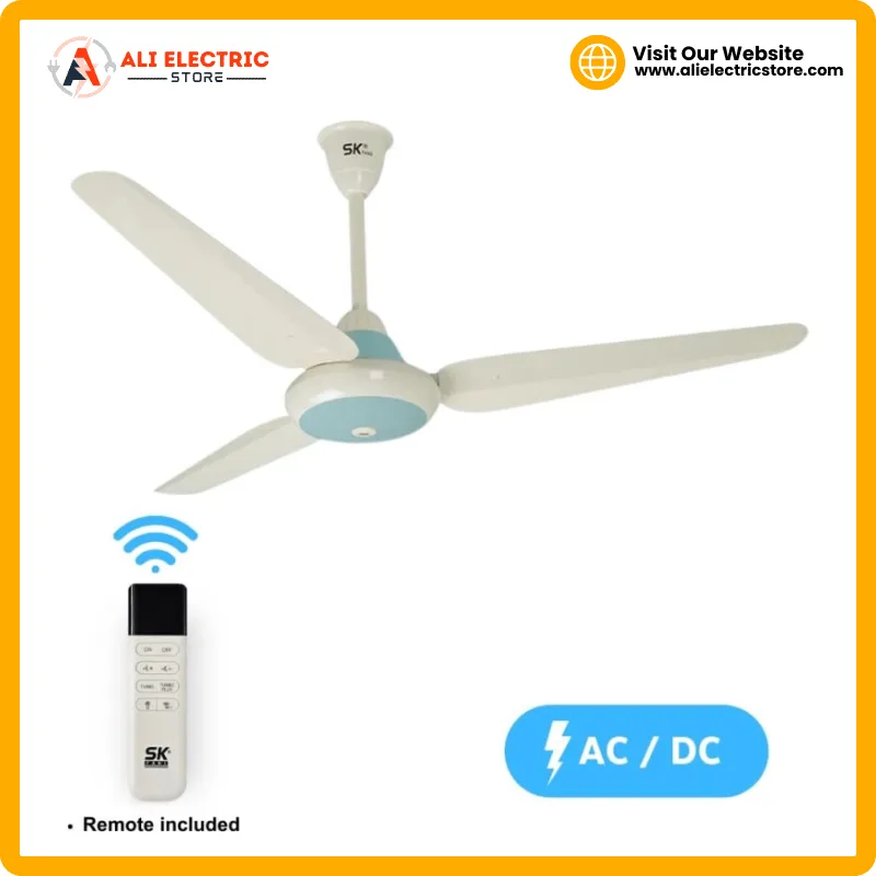 SK Fans Super Deluxe AC/DC ceiling fan cream with blue hub, AC DC ceiling fan Pakistan