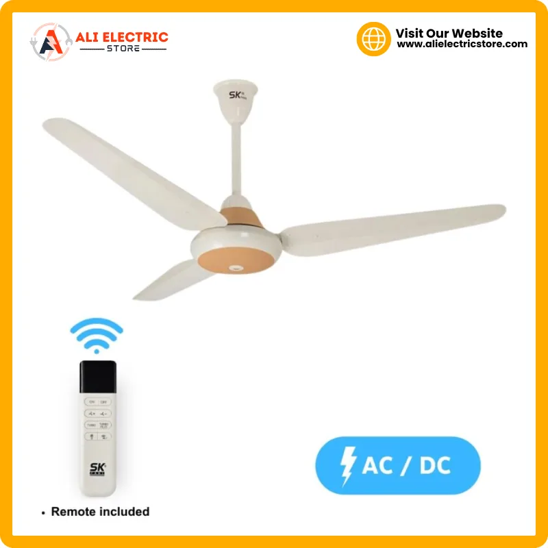 SK Fans Super Deluxe AC/DC ceiling fan cream with golden hub, AC DC ceiling fan Pakistan