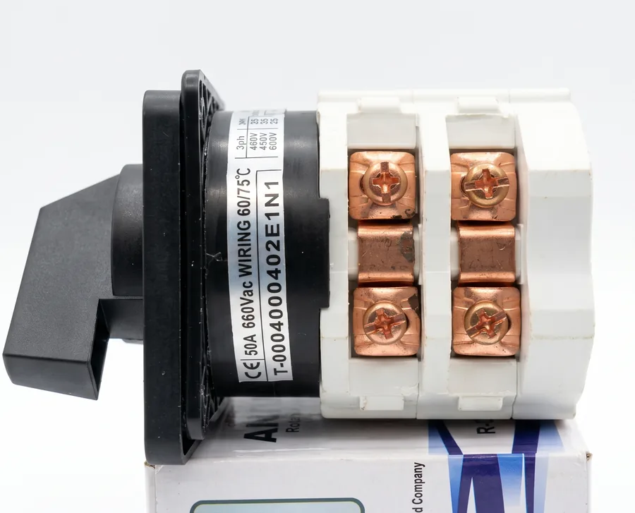 Copper screw terminals on the back, marked 50A and 660V AC for the wiring.