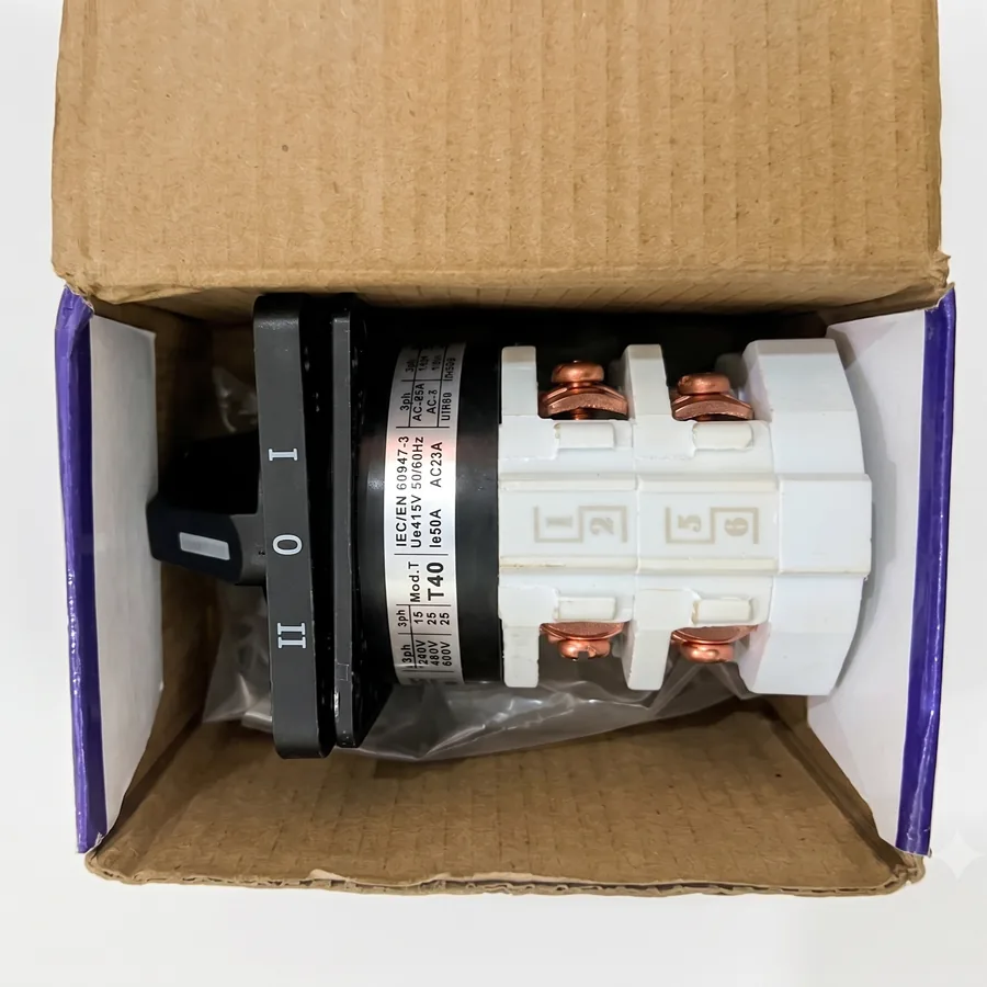Rating band printed with IEC/EN 60947-3, 415V, 50A and AC-23A, with the terminals numbered for wiring.