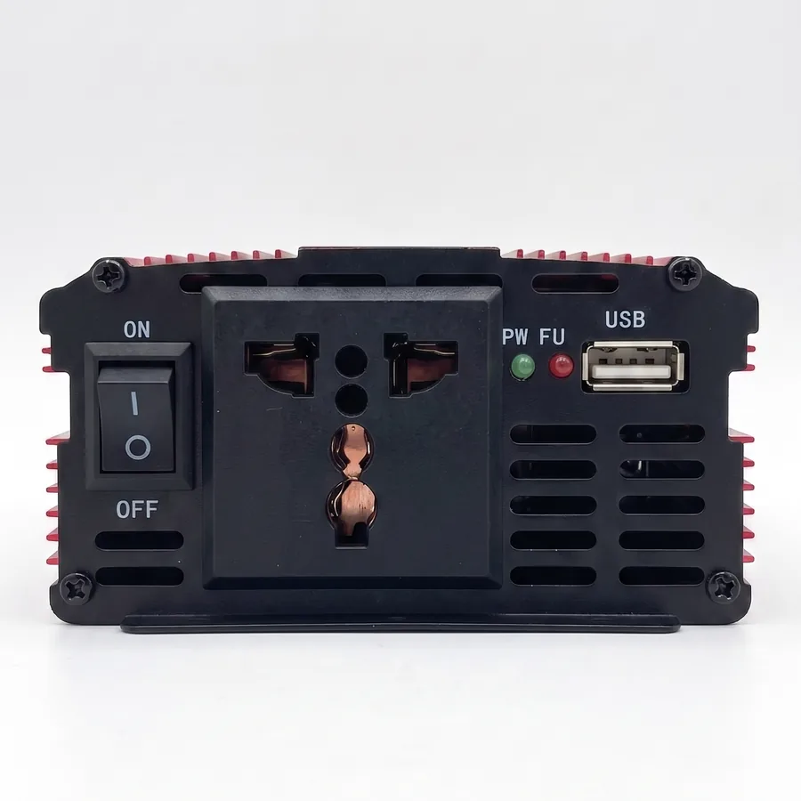 The output side has an ON/OFF switch, the universal socket, a green power light and red fuse light, and the 5V USB port.