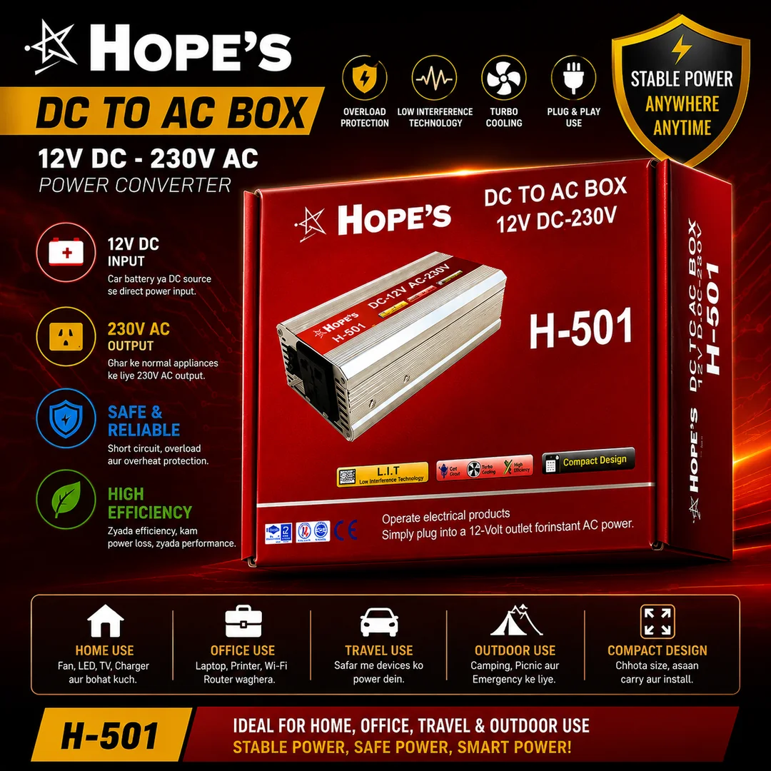 Hope's H-501 DC to AC box features: overload protection, low interference technology, turbo cooling and plug and play — ideal for home, office, travel and outdoor use