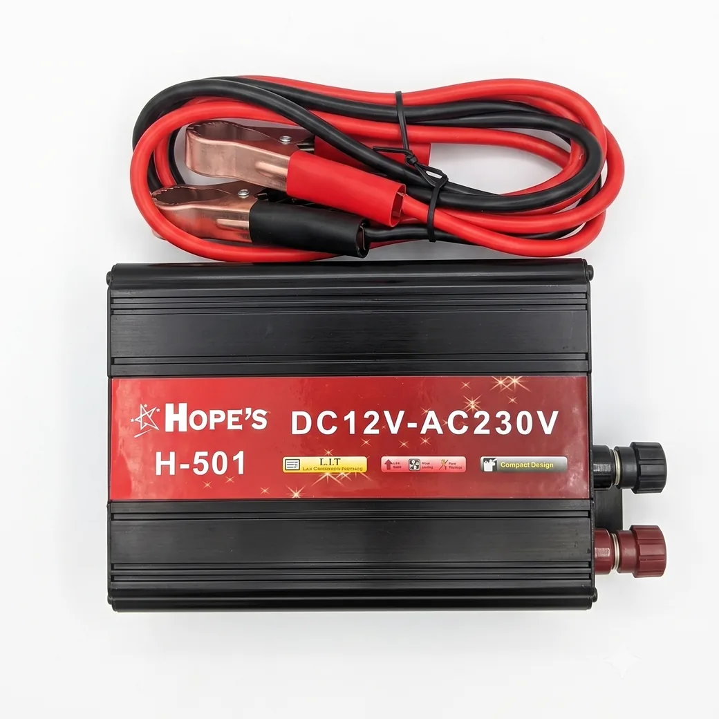 Hope's H-501 500W power inverter — 12V DC to 230V AC converter box