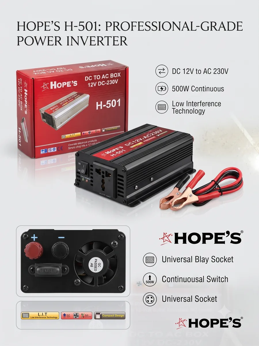 Hope's H-501 professional-grade power inverter with battery clamps and retail box — DC 12V to AC 230V, 500W continuous, low interference technology and universal socket