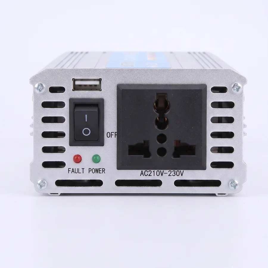 The output side: a universal socket for two and three pin plugs, a 5V USB port, the on and off switch, and the power and fault lights.