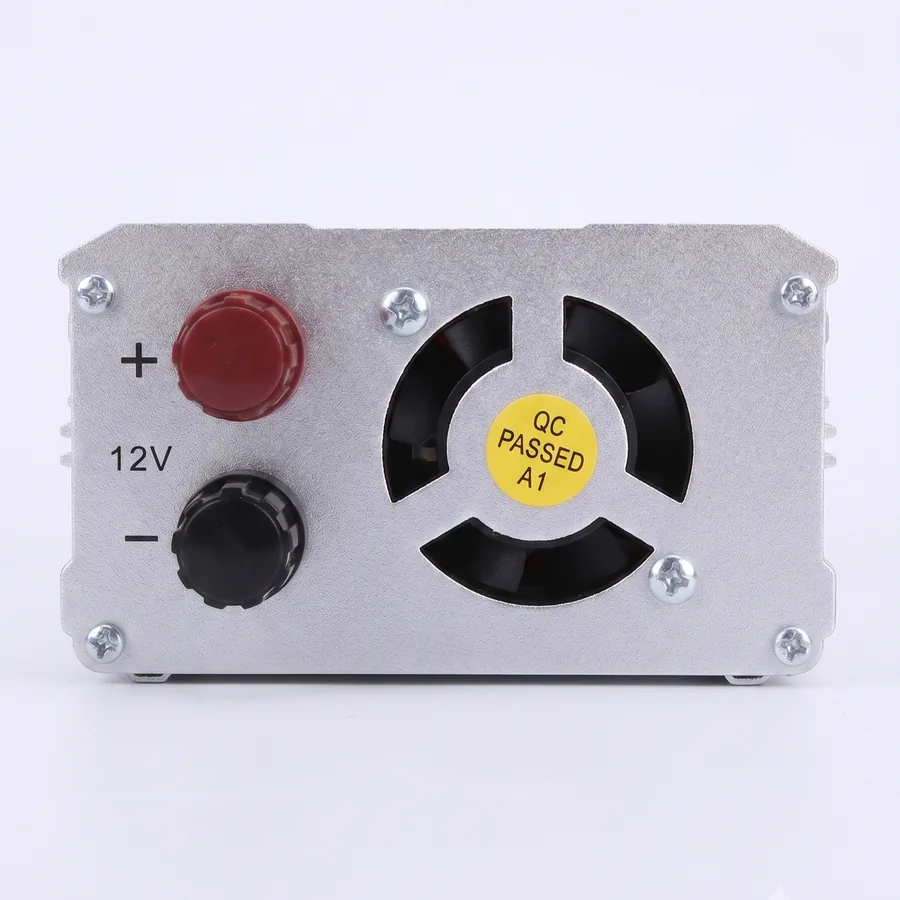 The back panel with the red positive and black negative 12V terminals beside the cooling fan.