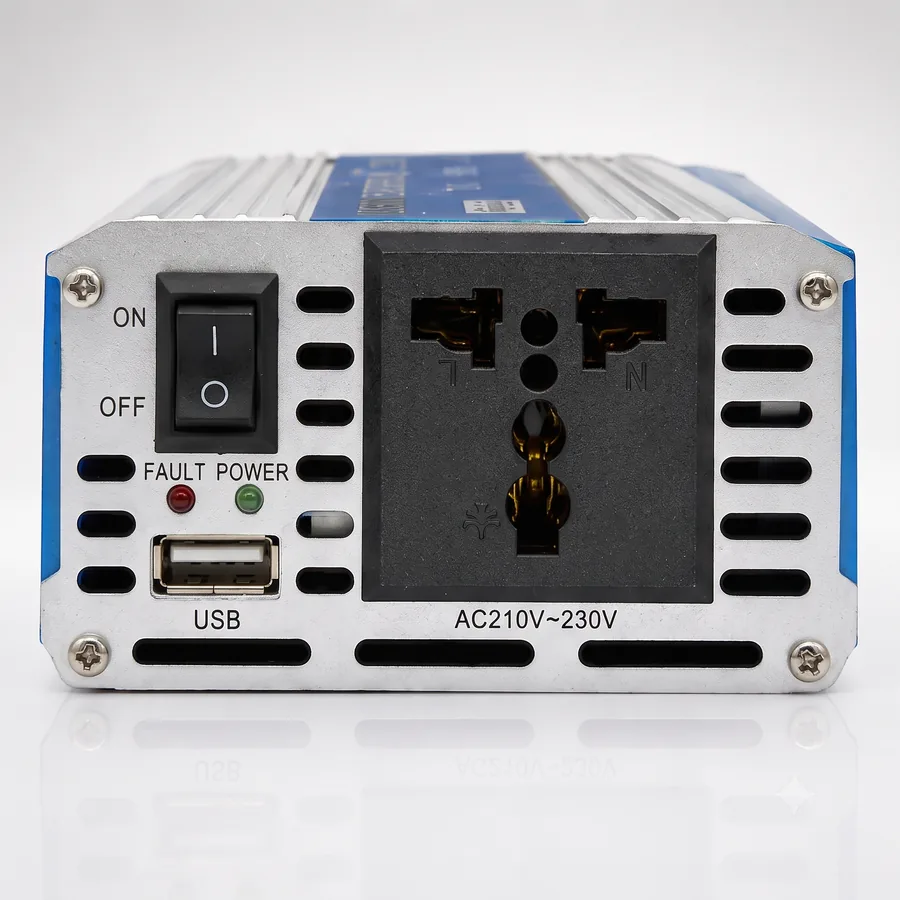 The front panel: on/off switch, red fault light, green power light, the 5V USB port and the universal AC socket.