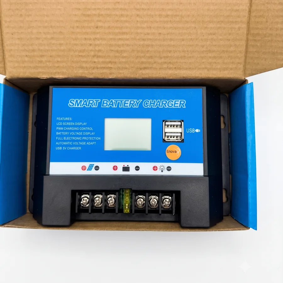 Front panel with the LCD screen, dual USB ports, and the printed feature list.