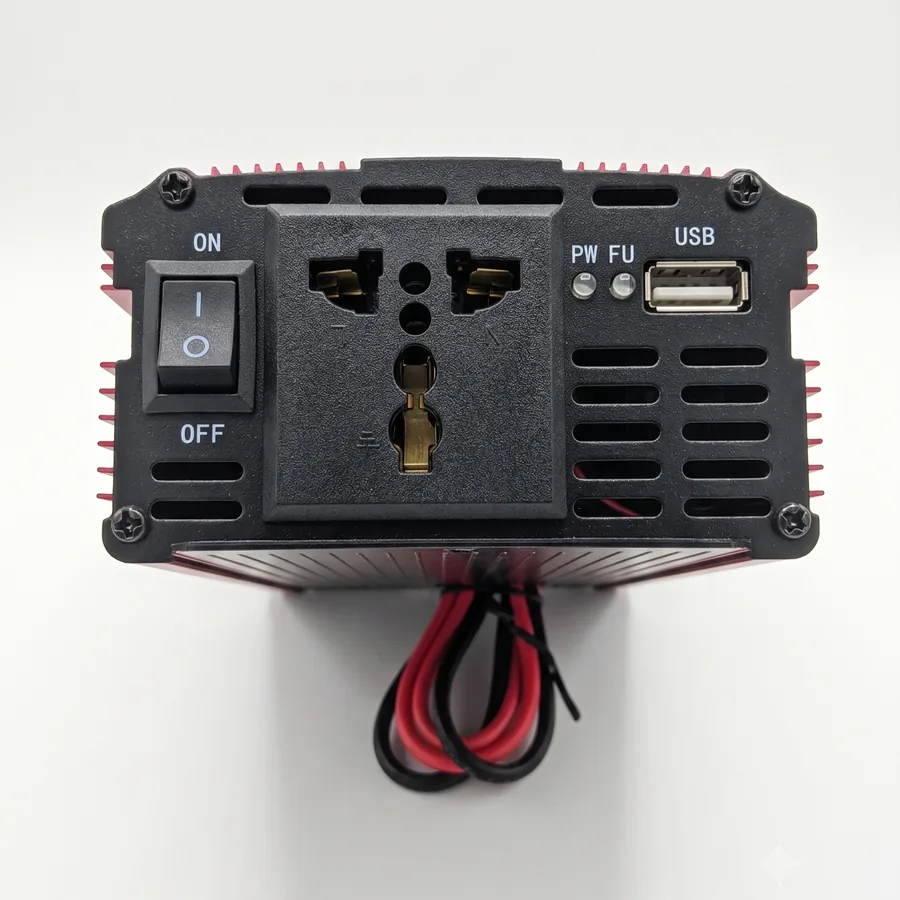 The front panel has the universal socket, a USB port, the on/off switch and the power and fuse indicator lights.