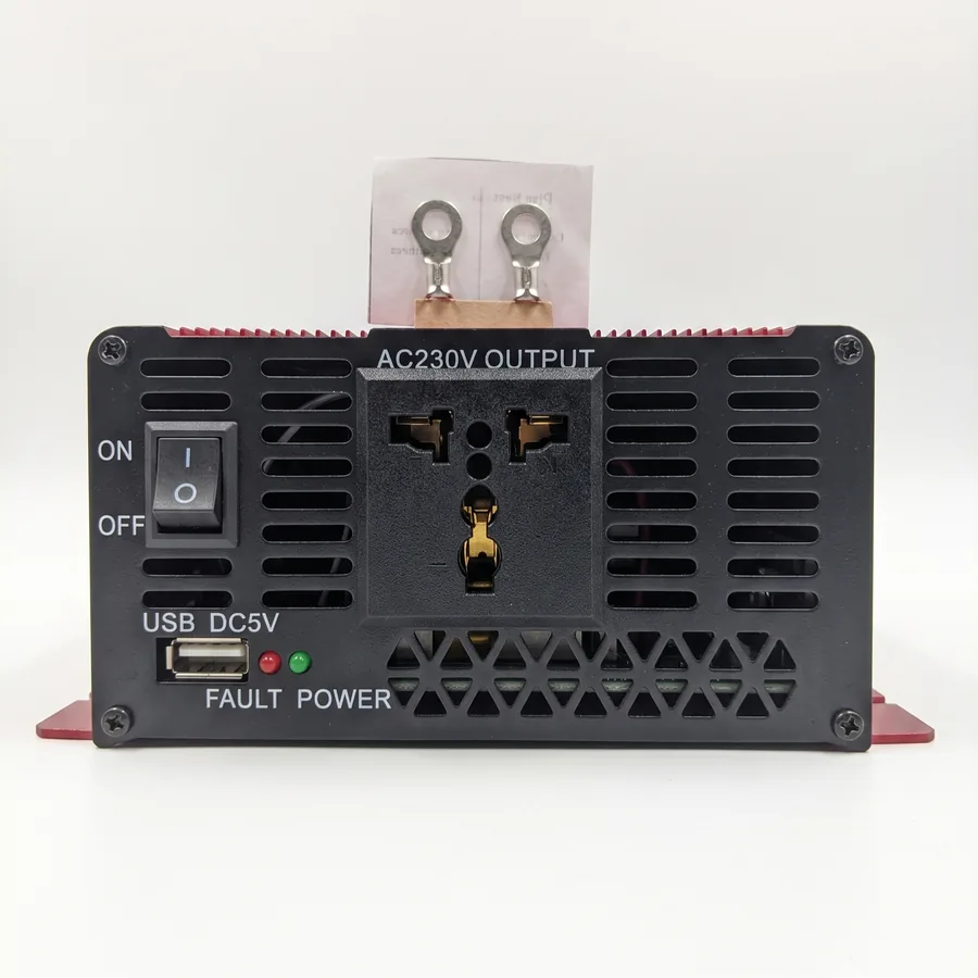 The front panel with the 230V universal socket, the 5V USB port, the ON/OFF rocker switch and the fault and power lights.