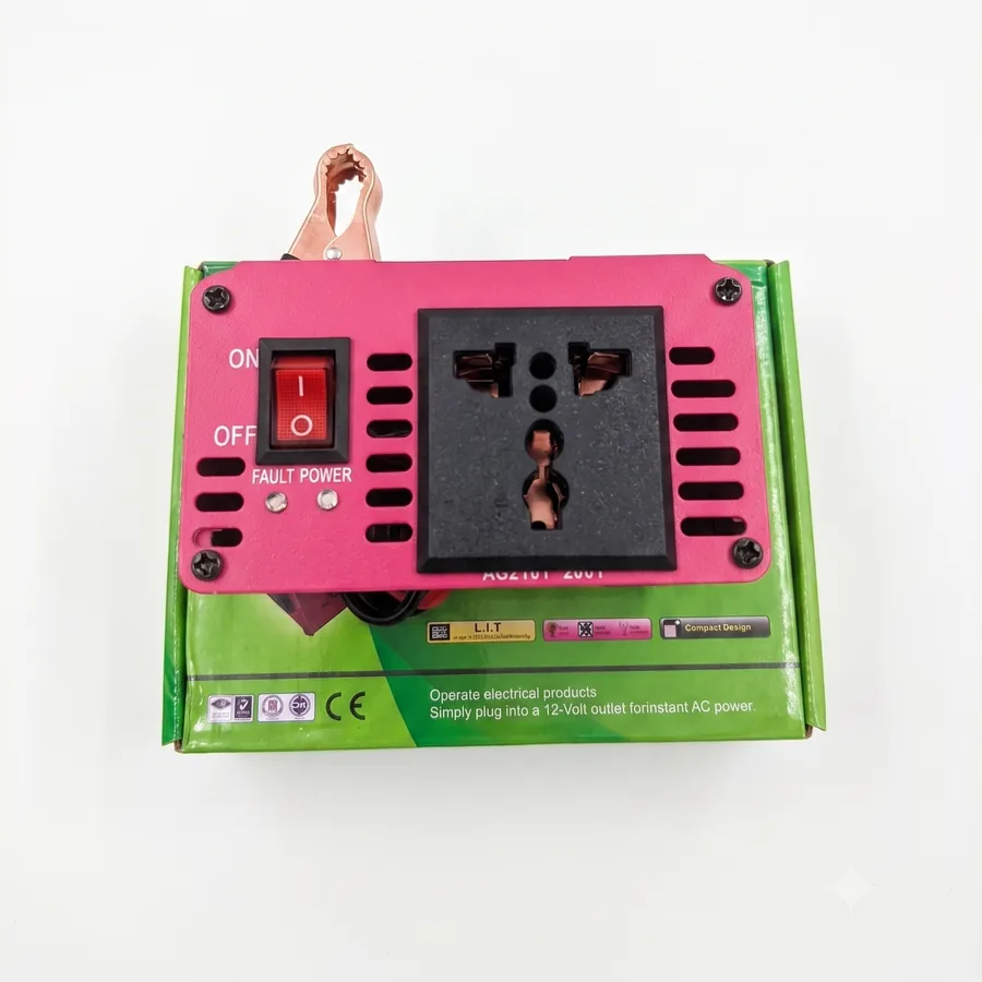 The output end has the on/off switch, the power and fault lights, and the universal AC socket.