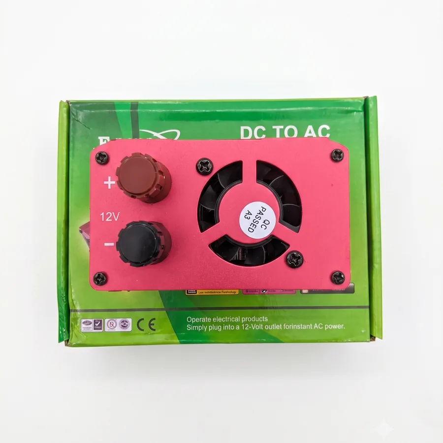 The input end has the red positive and black negative 12V terminals next to the cooling fan.
