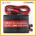 Hope's H-501 500W DC to AC power inverter with battery clip cables — 12V DC to 230V AC car inverter