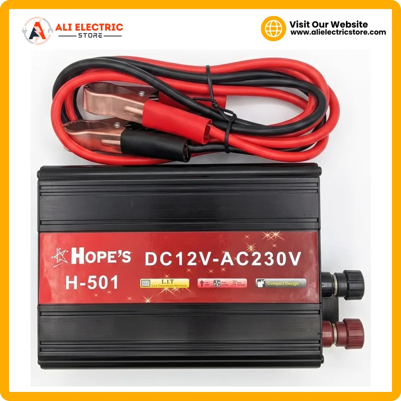 Hope's H-501 DC to AC Power Inverter 12V to 230V 500W Hope's H-501 500W DC to AC power inverter with battery clip cables — 12V DC to 230V AC car inverter