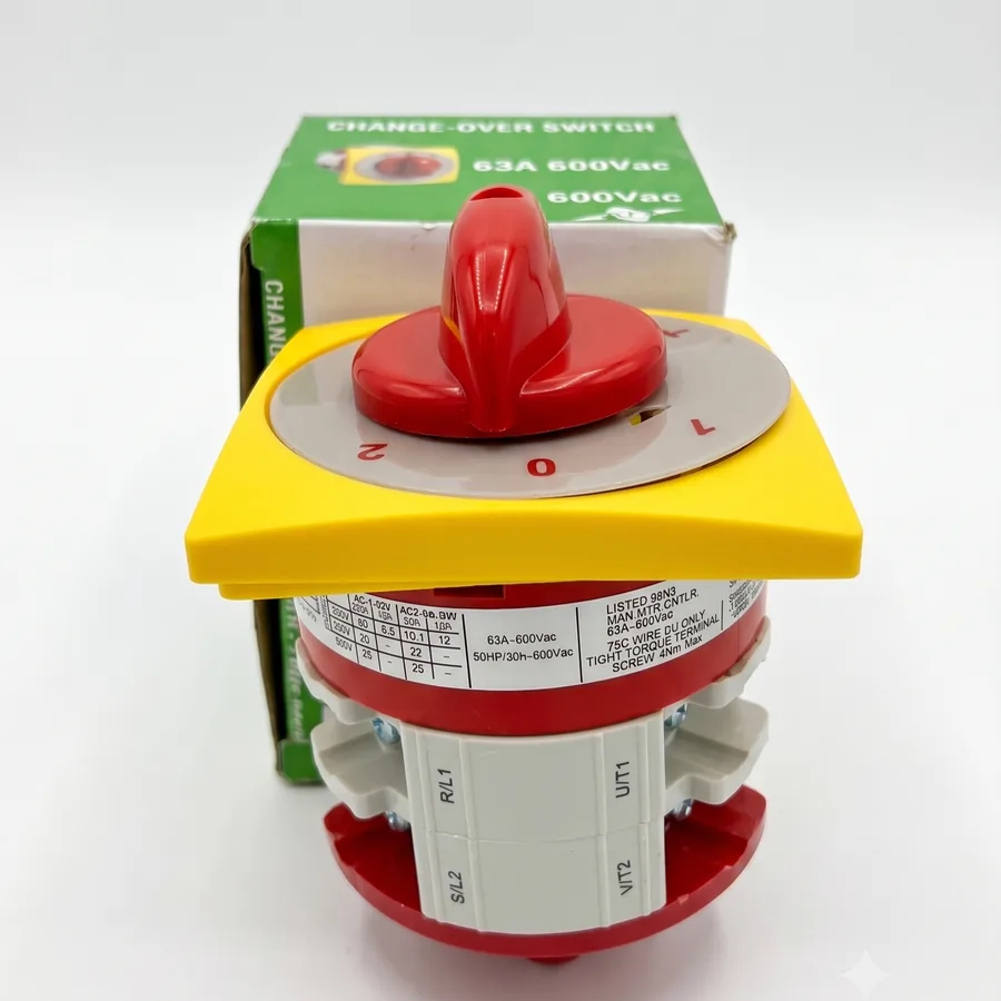 Rating label on the body reads 63A, 600Vac, next to the terminal markings.
