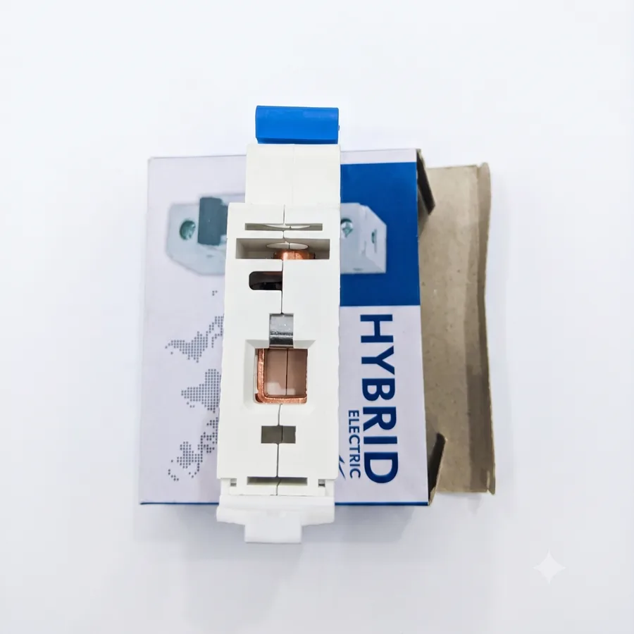 The rear clip snaps onto a 35mm DIN rail, and the blue toggle shows on or off at a glance.