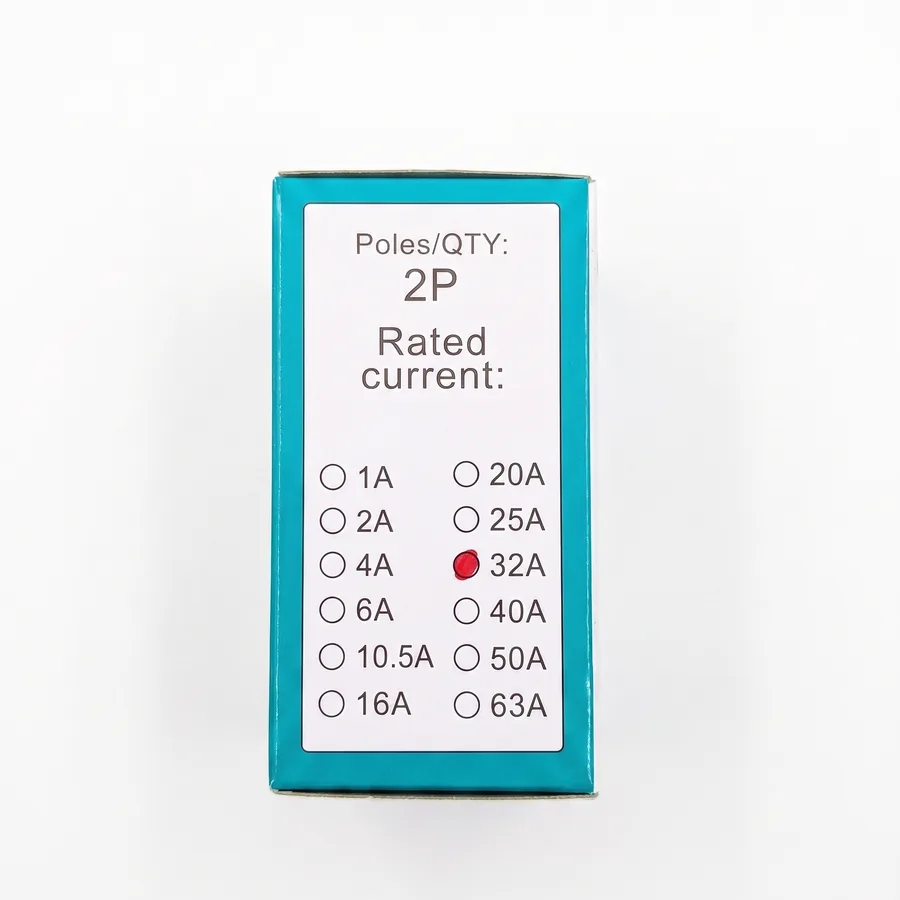 The box panel marks the build as 2-pole with the rated current set to 32A.