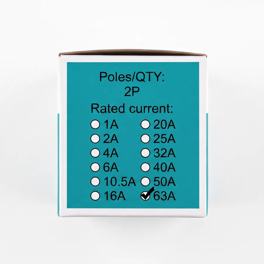 The box label confirms the 2-pole build and the 63A current rating.