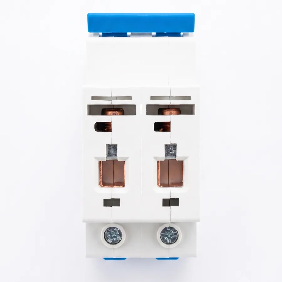 Copper screw terminals grip the incoming and outgoing cables top and bottom.