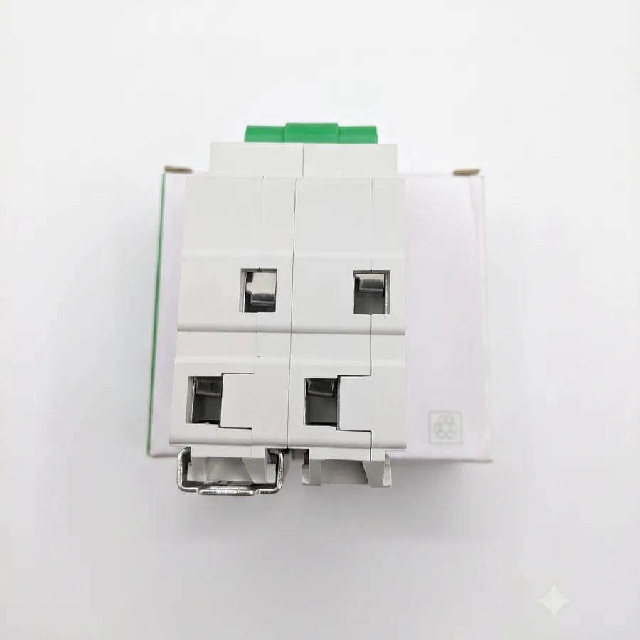 Side view of the metal DIN rail clip and the open terminal slots that take the incoming and outgoing cables.